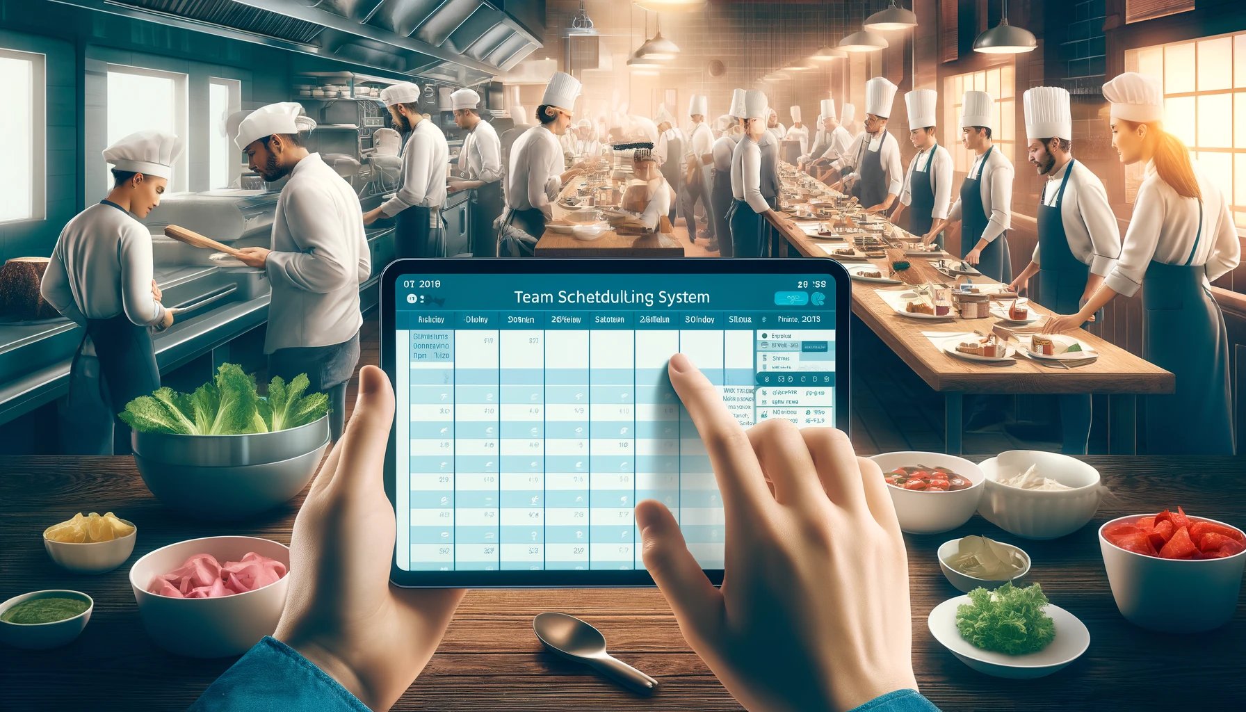 DALL·E 2024-04-11 14.02.51 - Create a wide banner image showcasing a team scheduling system for a restaurants kitchen and dining room staff. In the image, feature a tablet with a